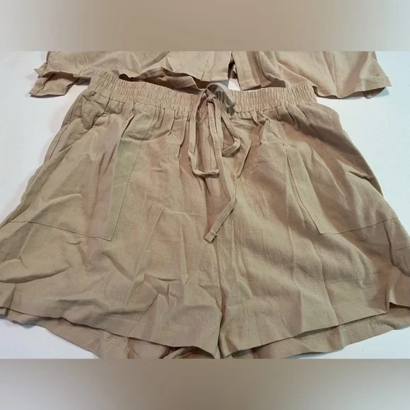 Shein Drop Shoulder Button Up Tan Shirt & Knot Front Shorts New in Package Sz 6 - Picture 2 of 7